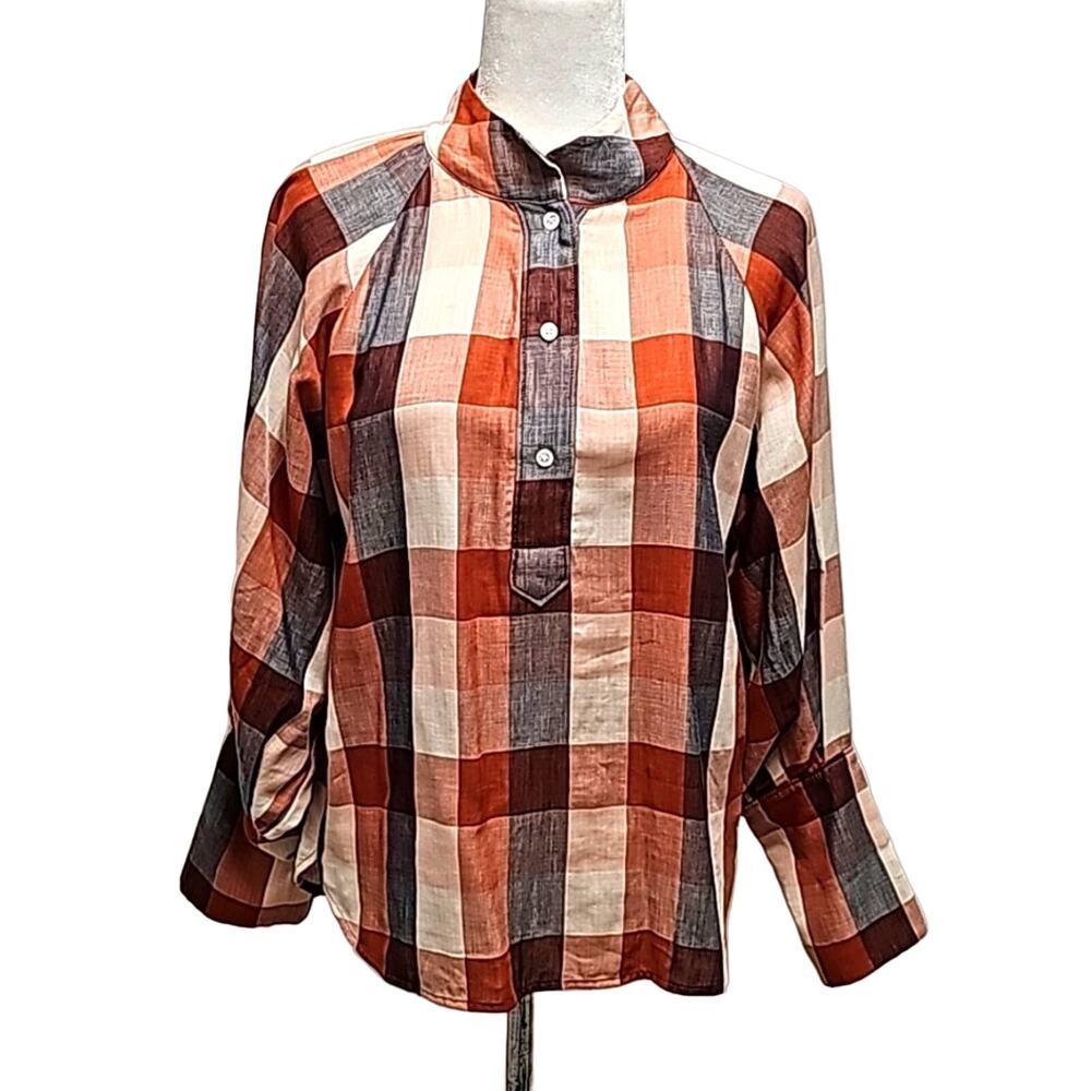 Joie Top Cider Orange Dia Plaid Button Front Long Puffy Sleeve Woman Size M - Picture 2 of 12